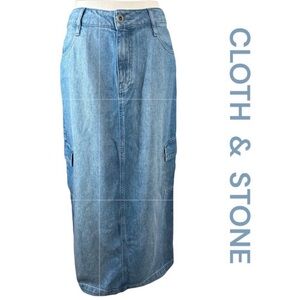 CLOTH & STONE Edie Denim Cargo Maxi Skirt in Pacific Salt Color, Size 27.
